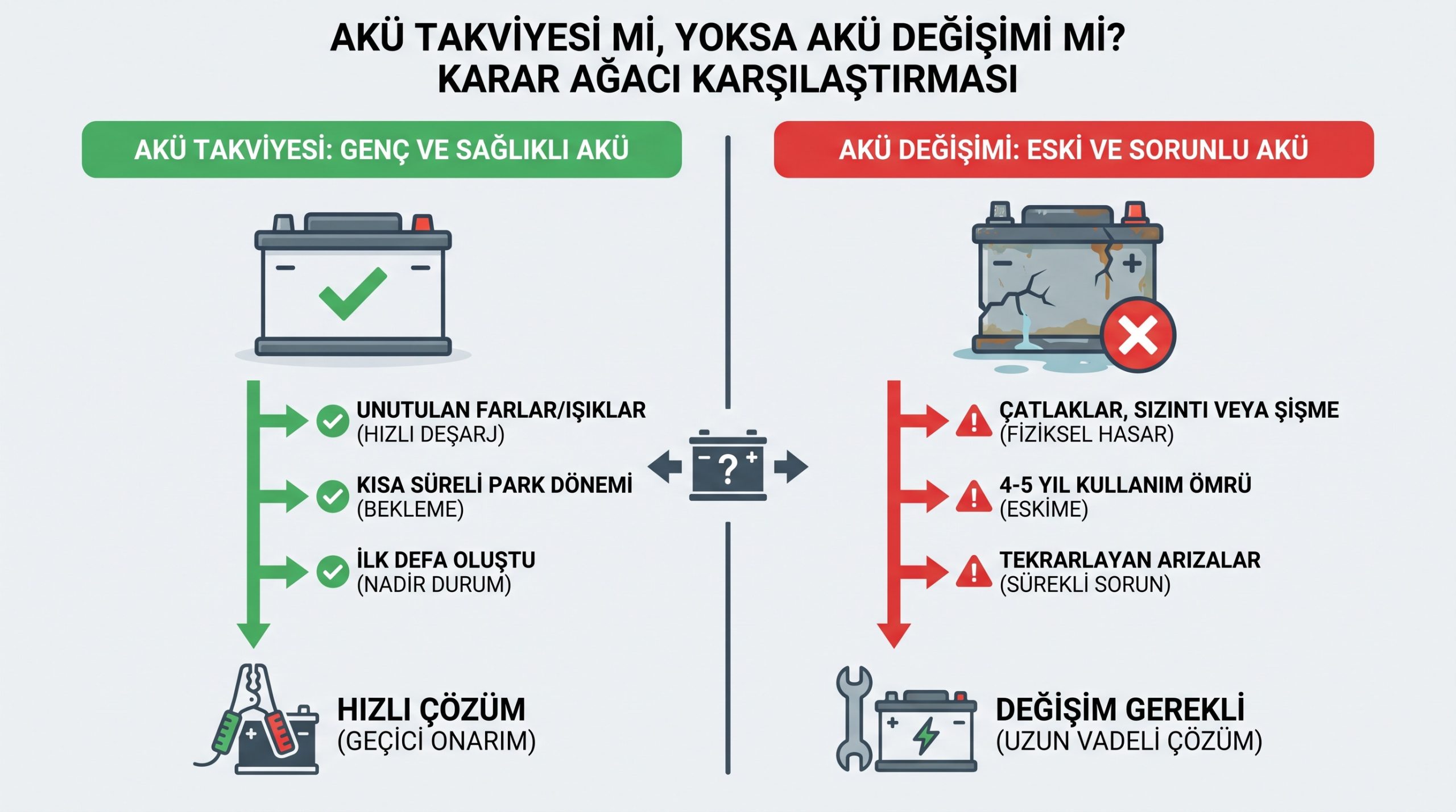 Akü takviyesi ve değişimi arasında karar vermek için belirtilere dayalı karşılaştırma şeması.